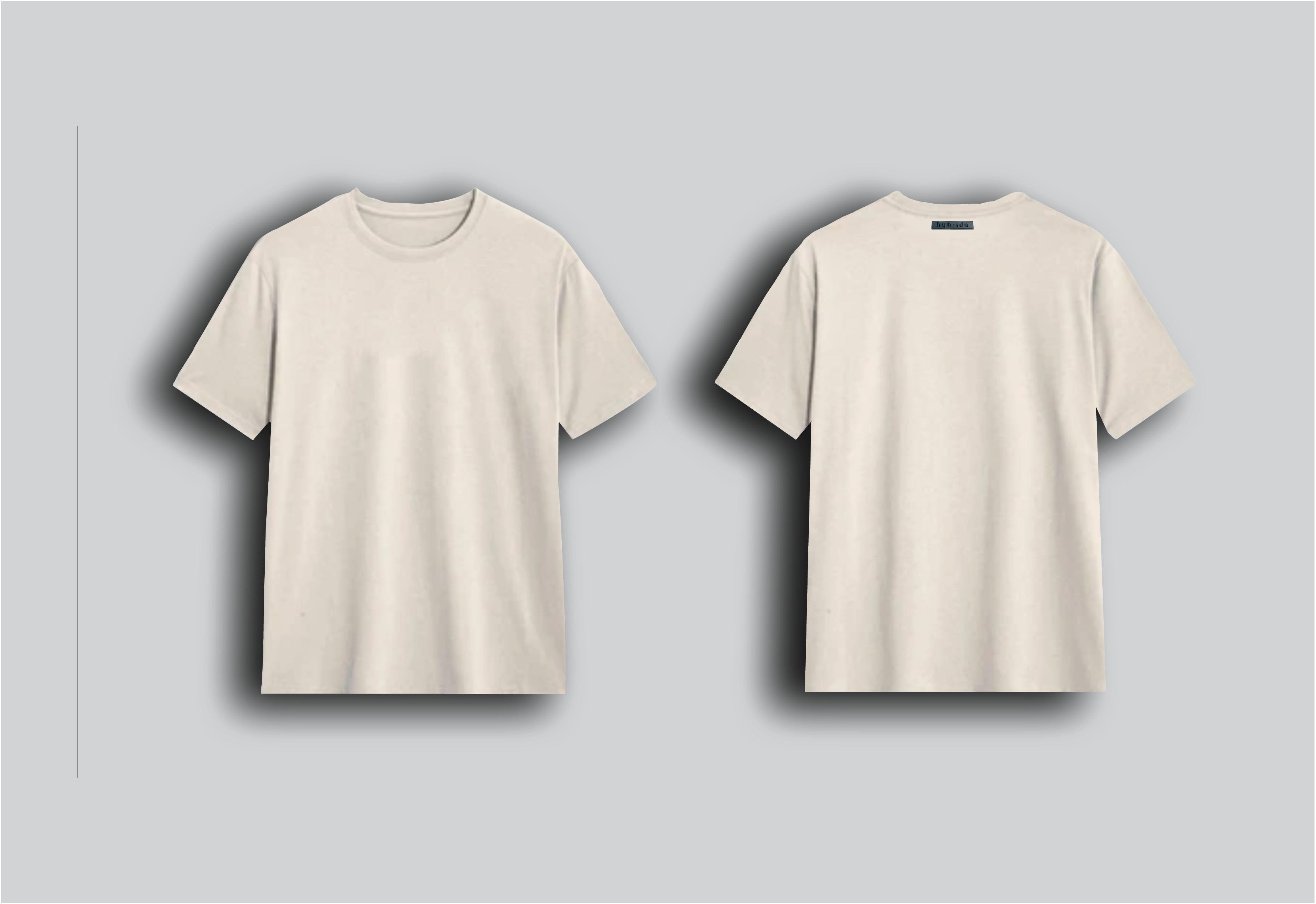 Beige t-shirt shown from front and back on a light gray background