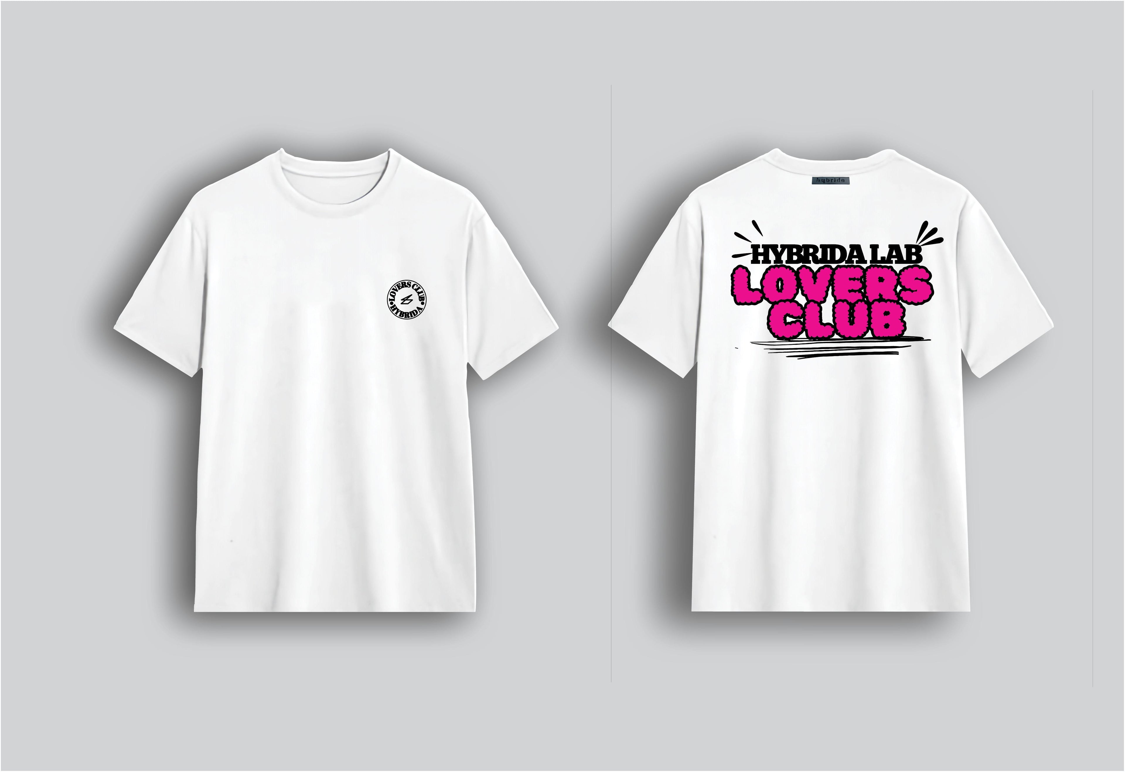 Two white t-shirts with logos on a gray background