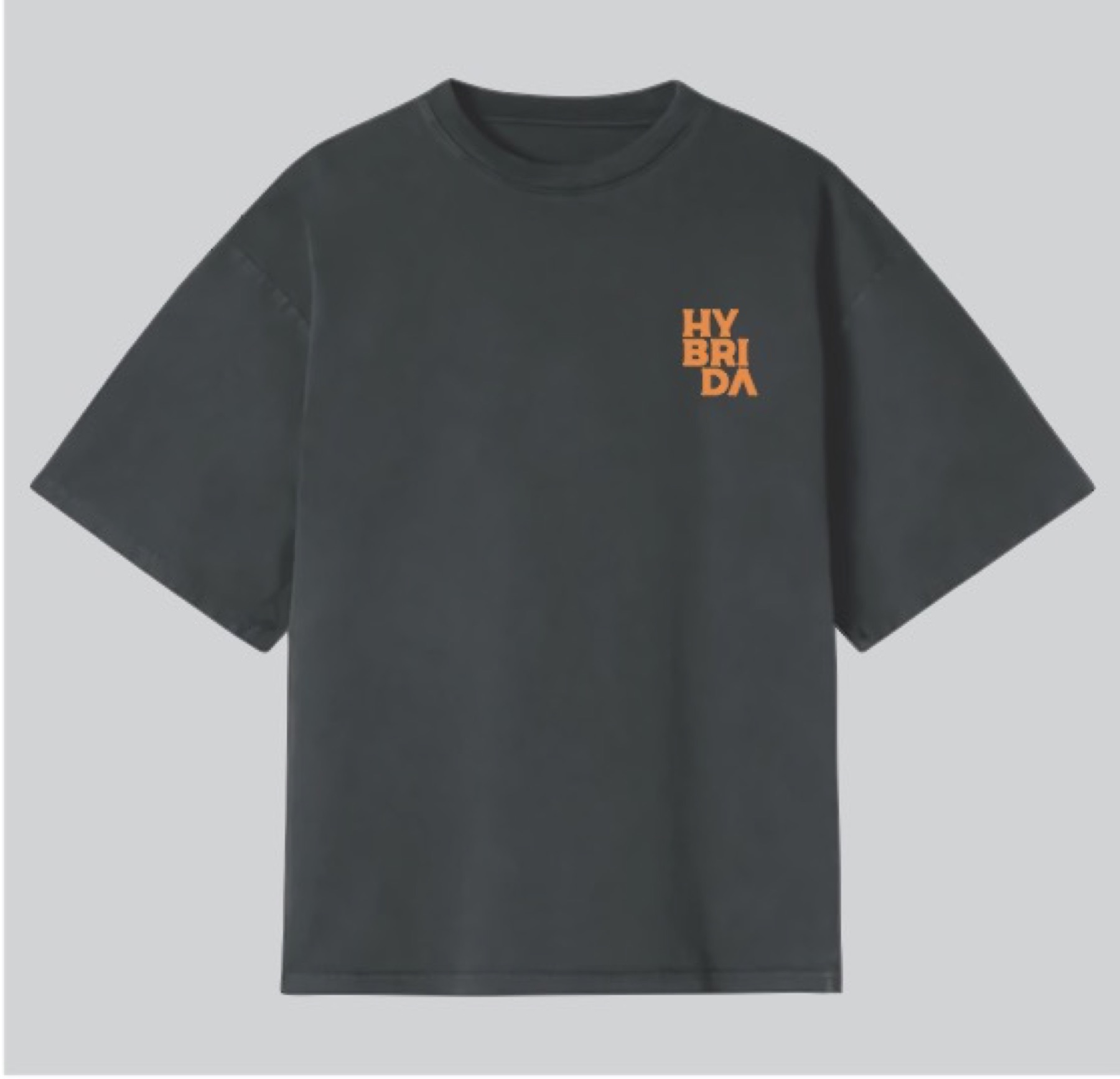 HYBRIDA Foundation Tee 01 — black 280G tee with orange triangulo lettering