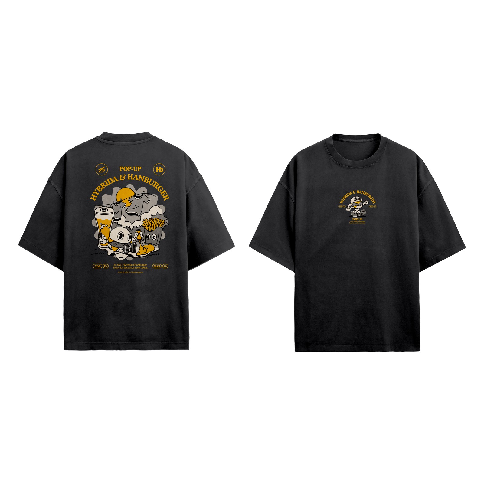 Hybrida x Hanburger tee — black colorway full mockup