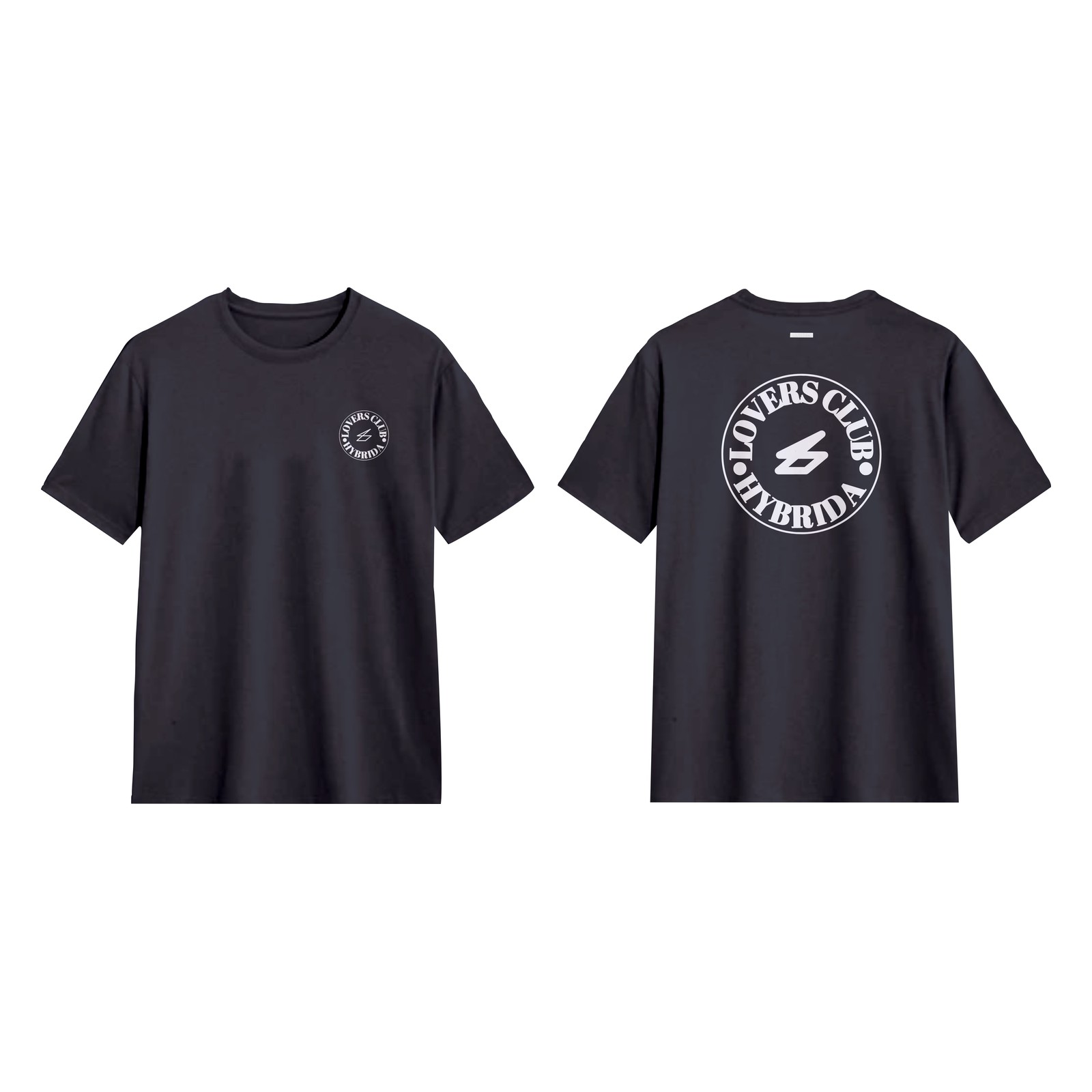 Hybrida Lovers Club tee — black colorway full mockup