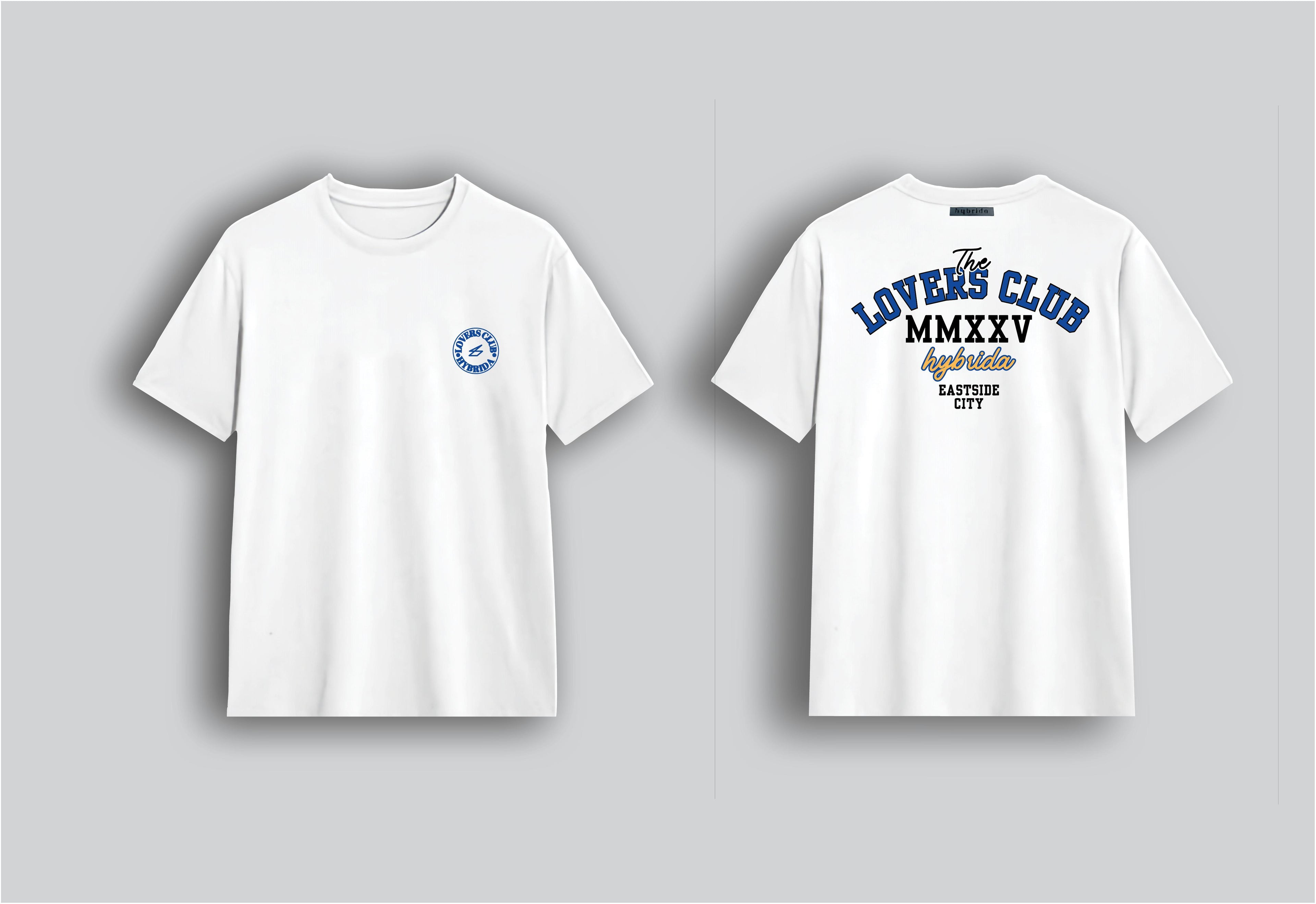 Two white t-shirts with different designs on a gray background
