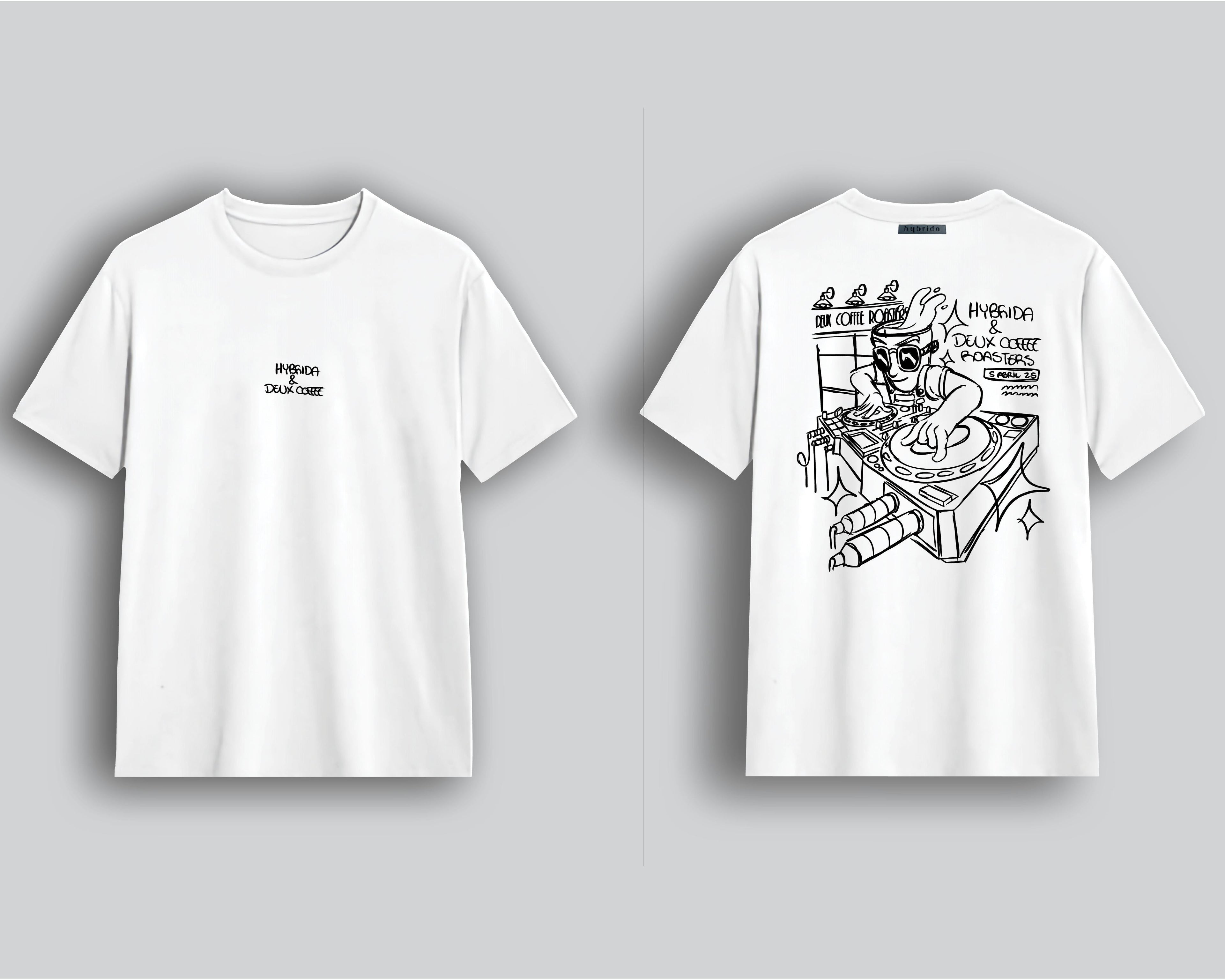 Two white t-shirts with black graphics on a gray background