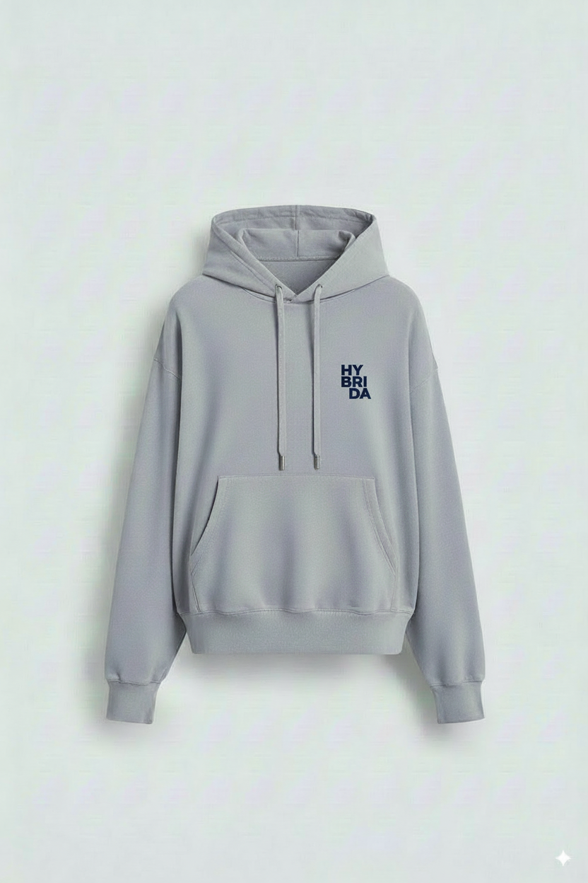 Gray hoodie with a small logo on a light gray background