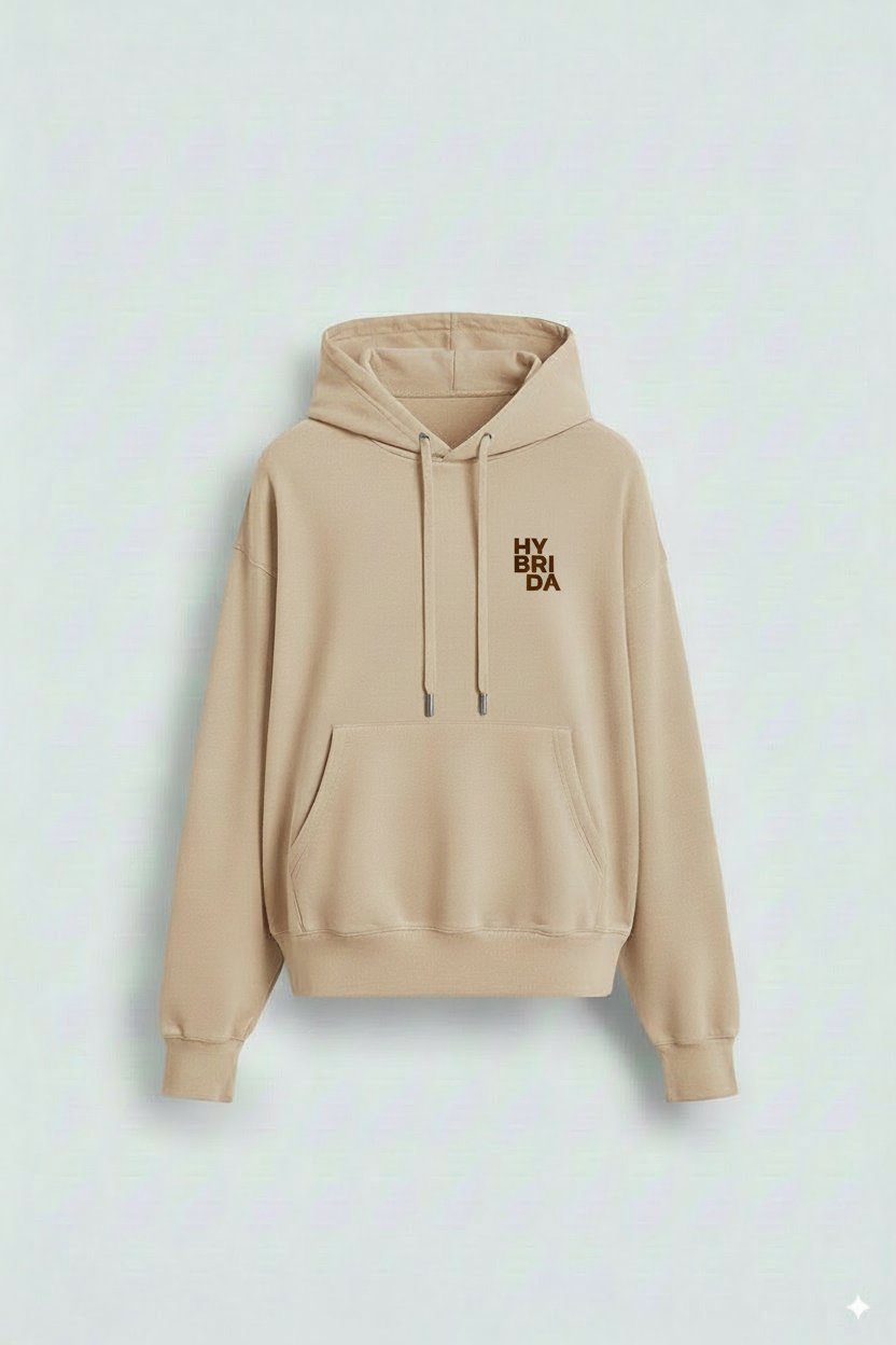 Beige hoodie with text on a light gray background