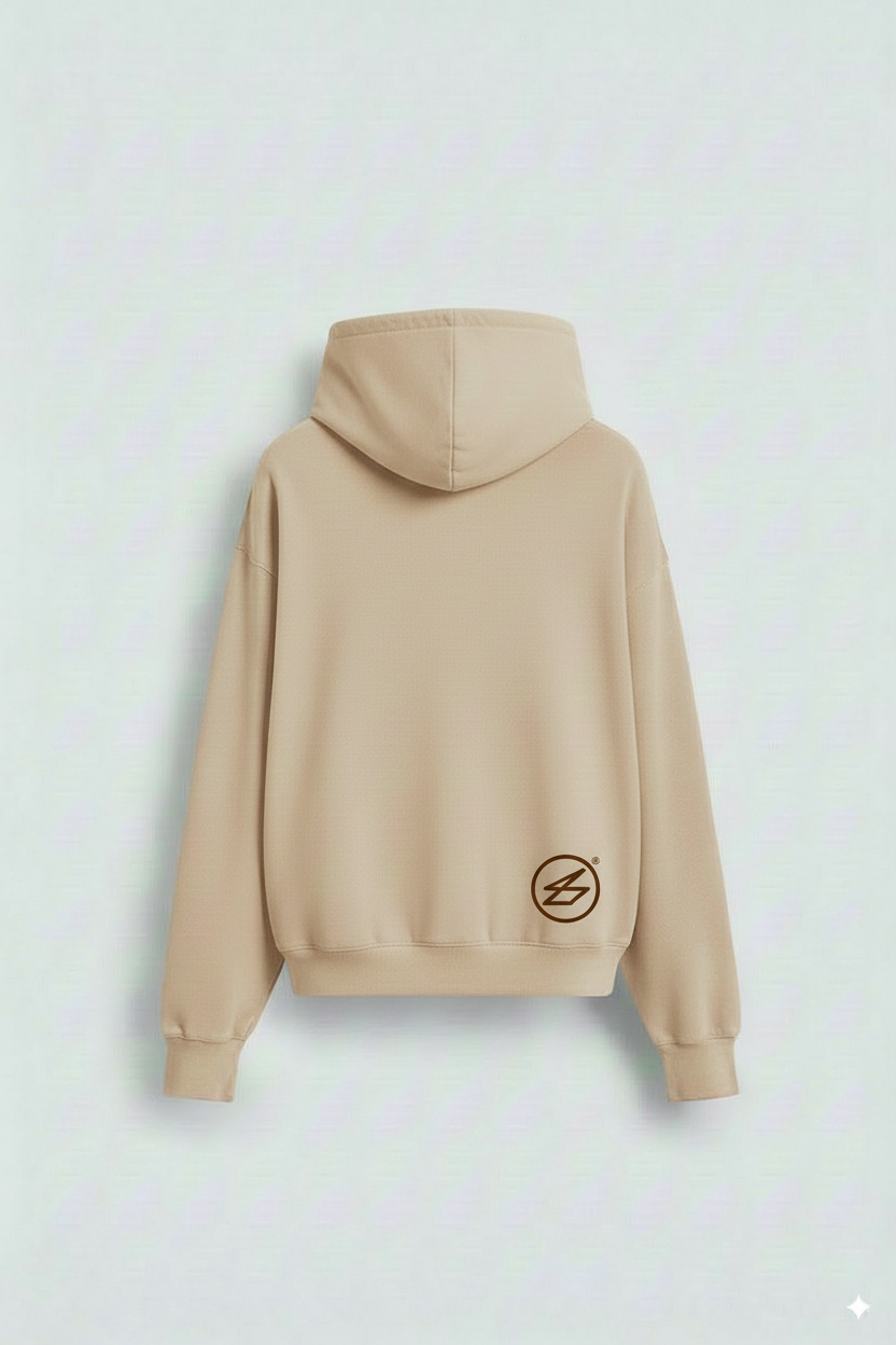 Beige hoodie with a logo on the back against a light gray background
