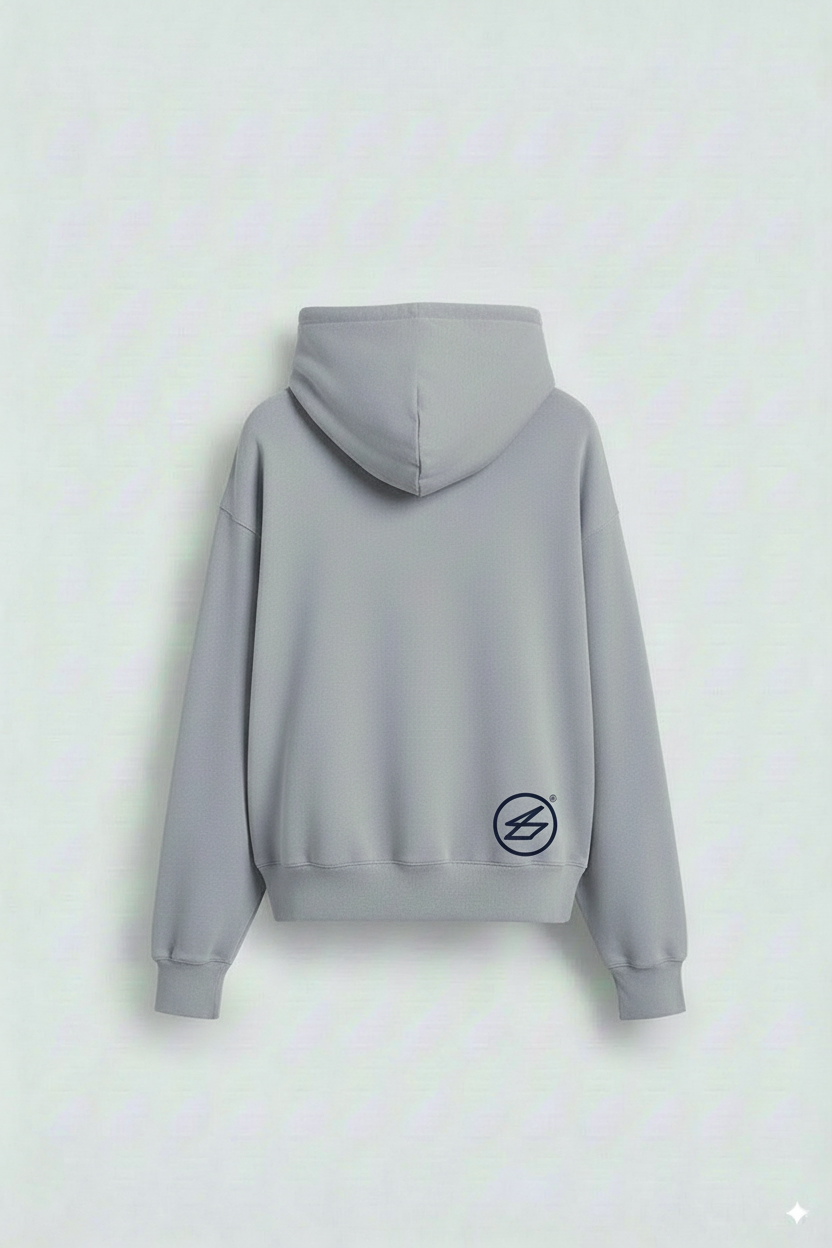 Gray hoodie with a logo on the back against a light gray background