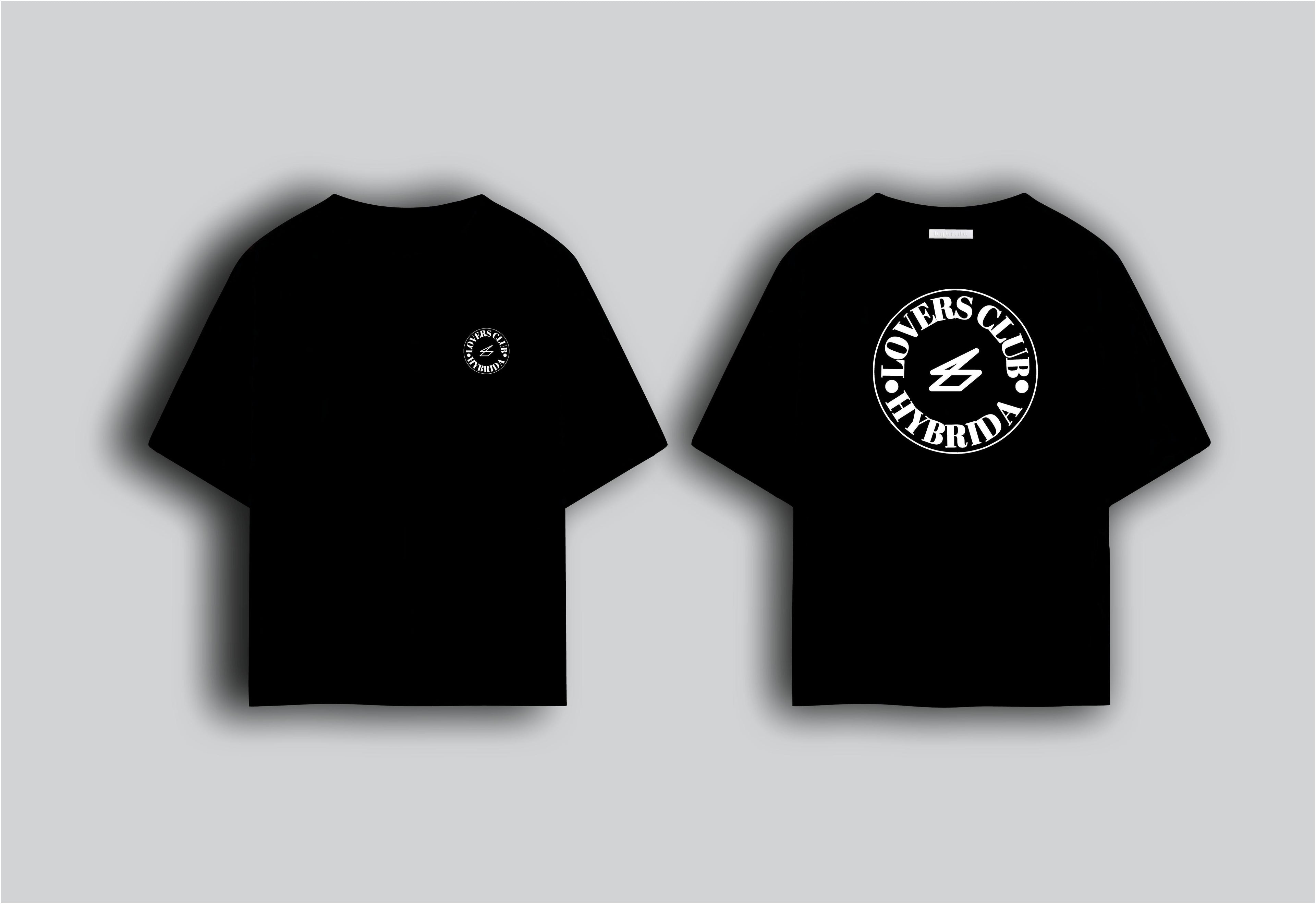 Black t-shirt with a logo on a gray background
