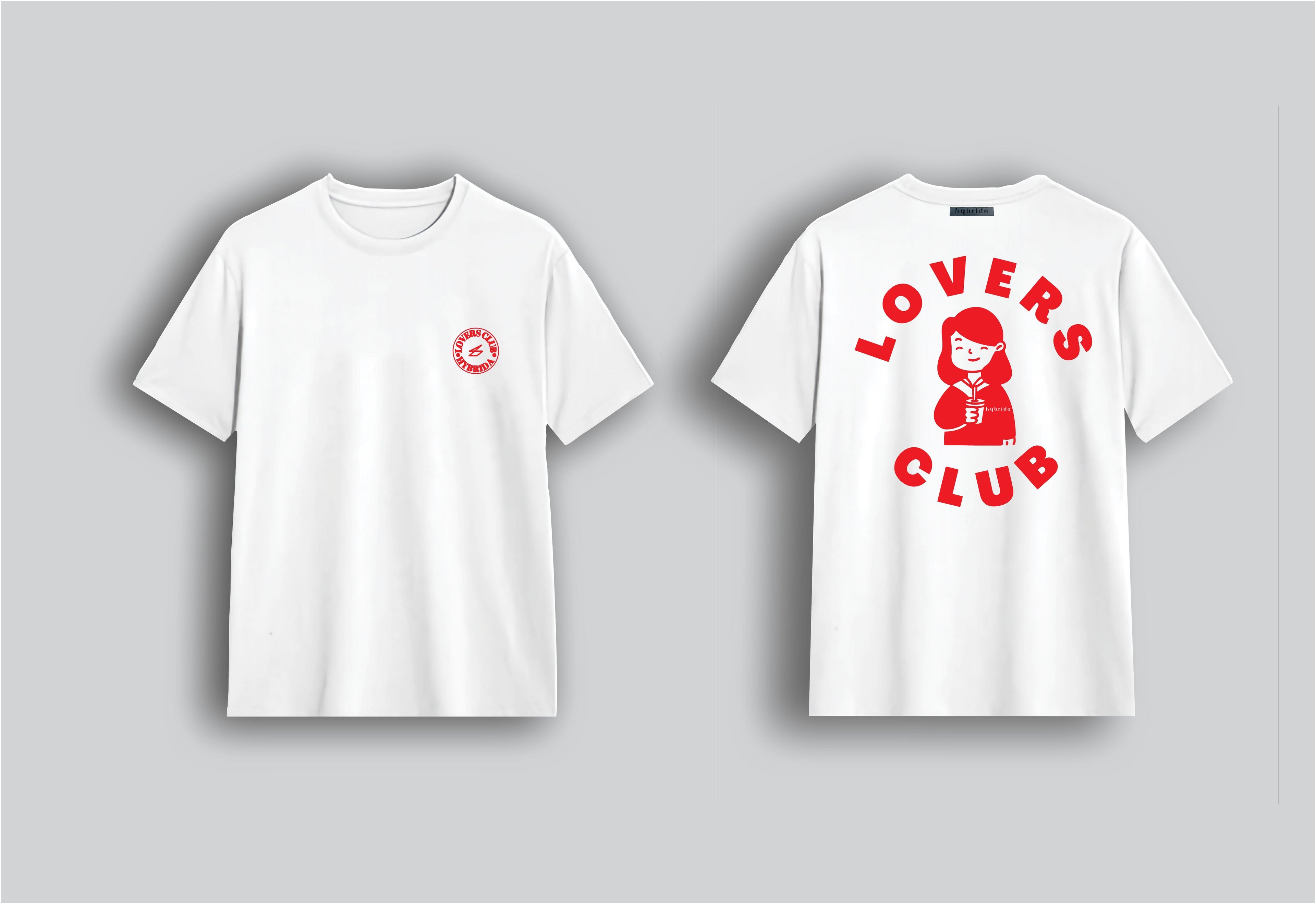 Two white t-shirts with red graphics on a gray background