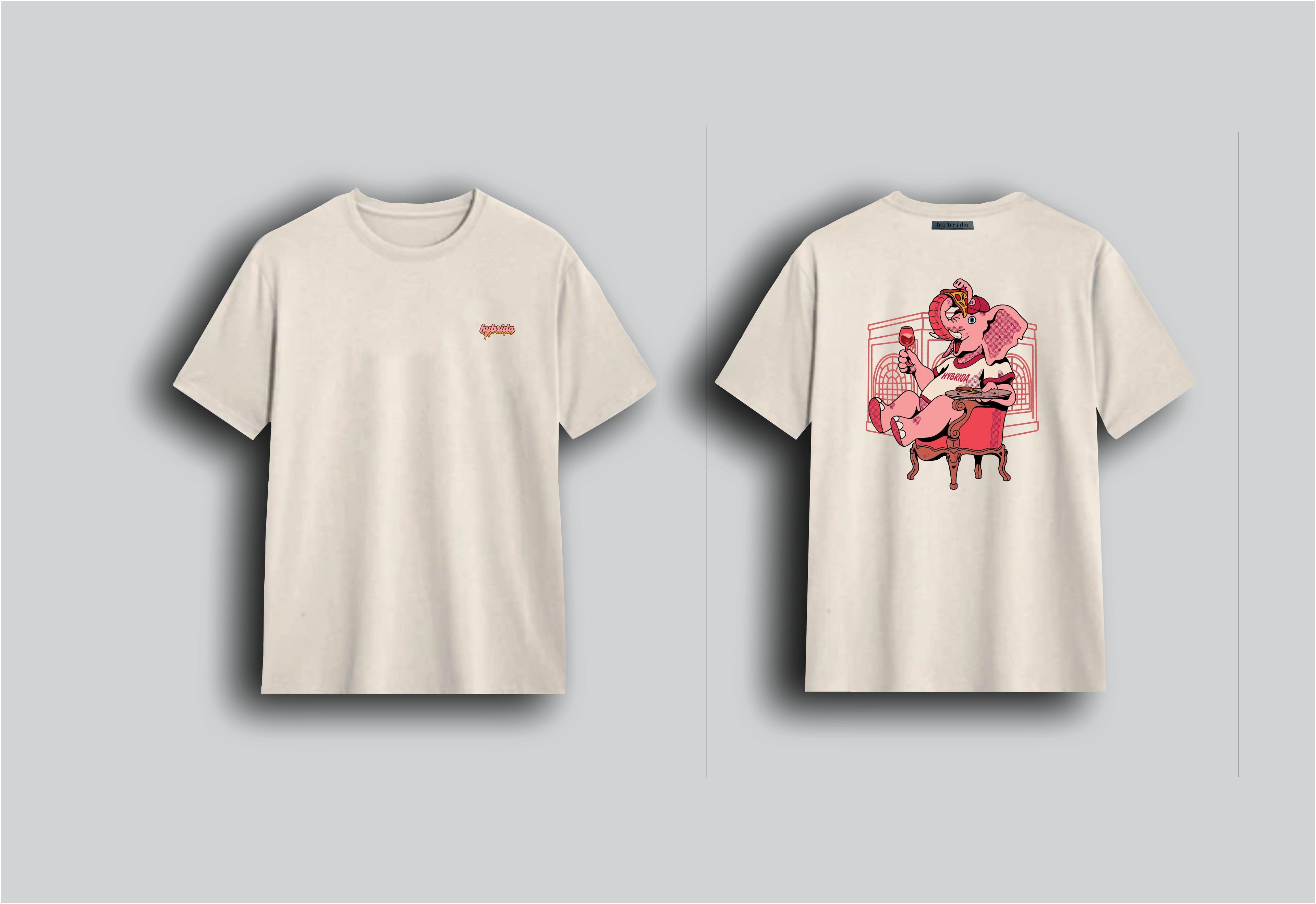 Two beige t-shirts with different designs on a gray background