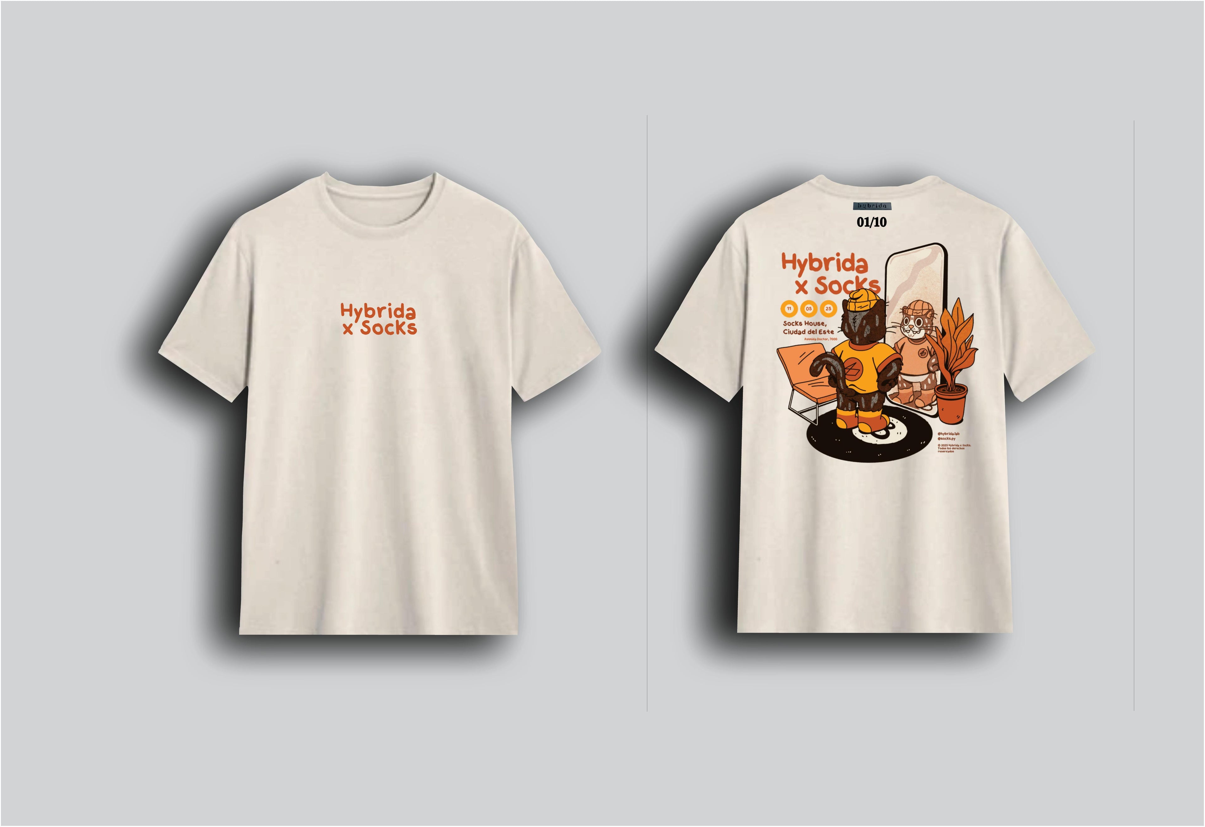 Two cream-colored t-shirts with different designs on a gray background