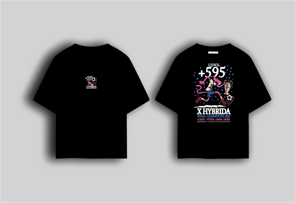 Black t-shirt with graphic design on a gray background