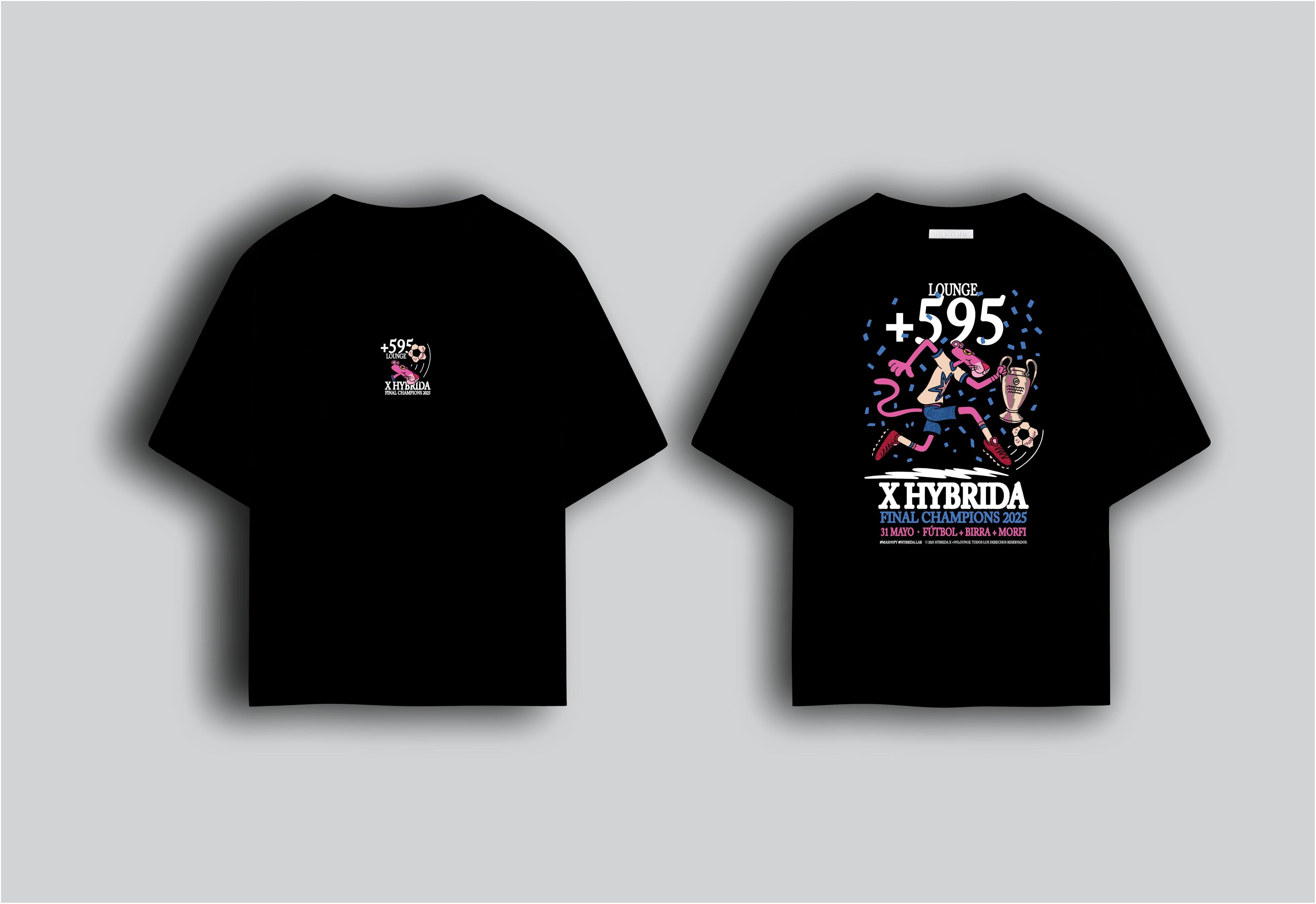 Black t-shirt with graphic design on a gray background